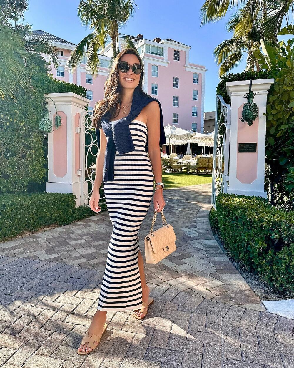 Knit Back Slitted Maxi Dress Navy White Sz M
